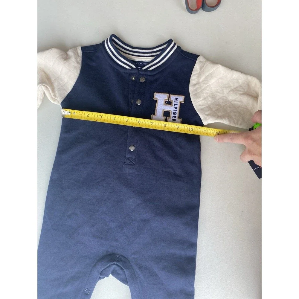 Tommy Hilfiger Baby Boys Blue Quilted Sleeve Varsity Romper One Piece NWT 18M